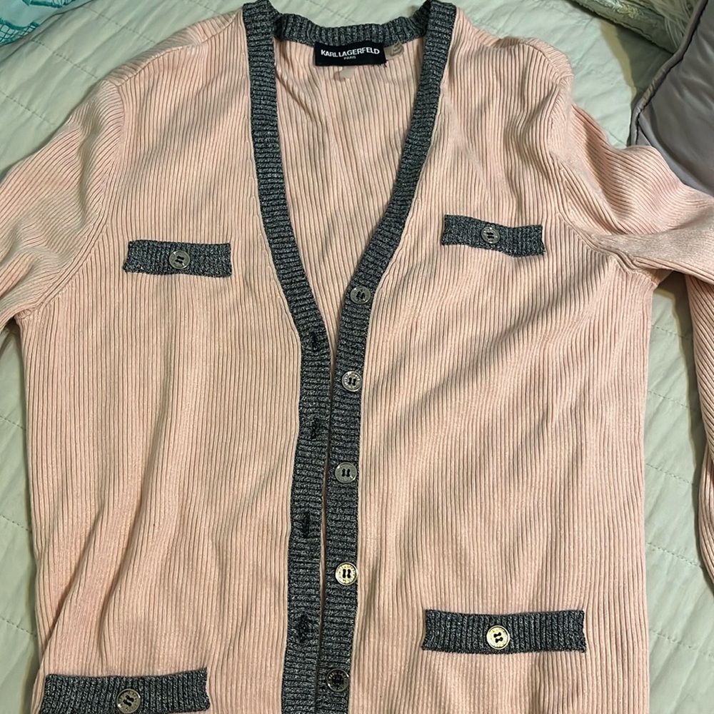 Karl Lagerfeld Pink and Gray Ribbed Cardigan